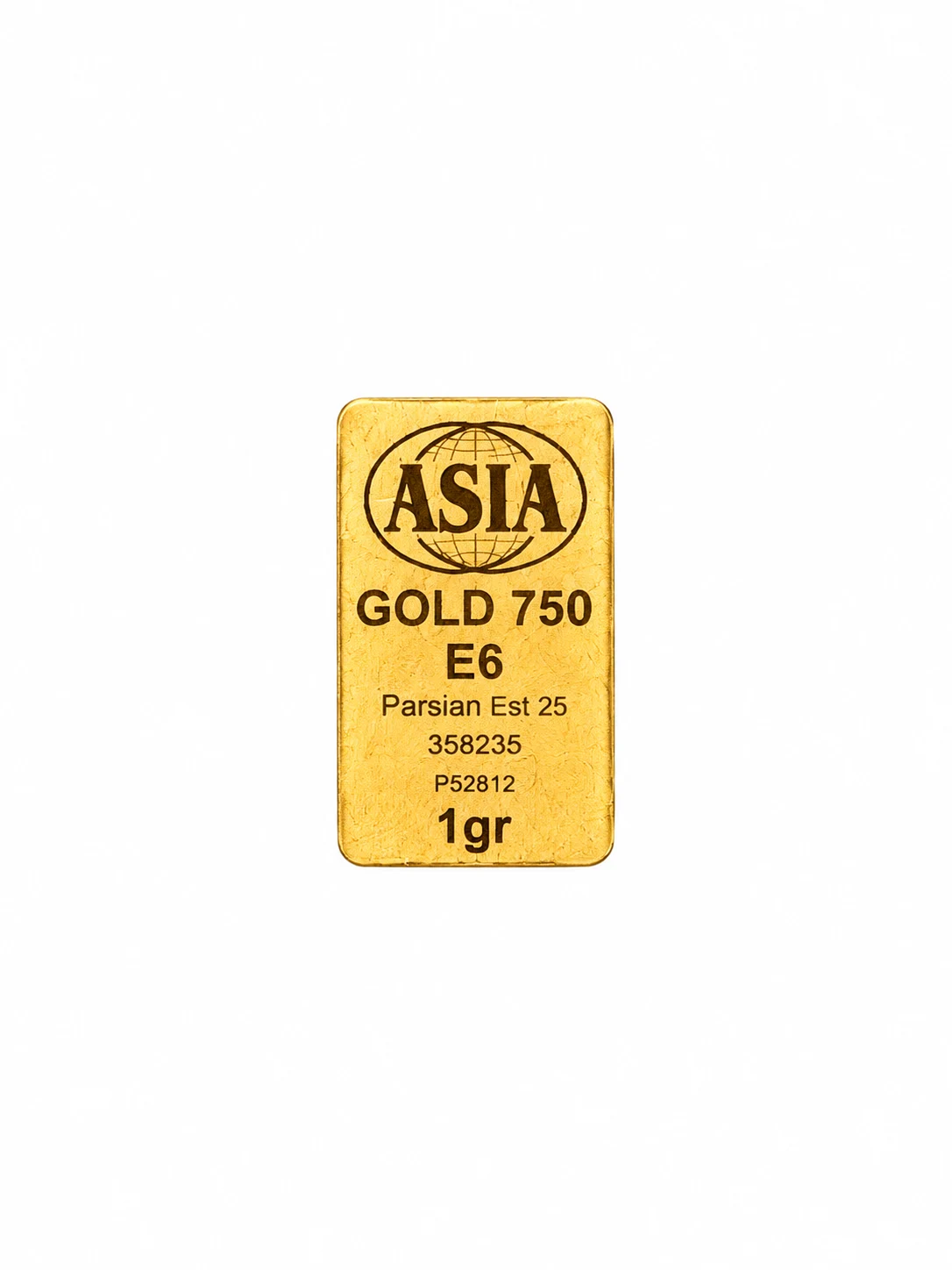 تصویر شمش طلایی‌رنگ ASIA با نوشته GOLD 750 و 1gr